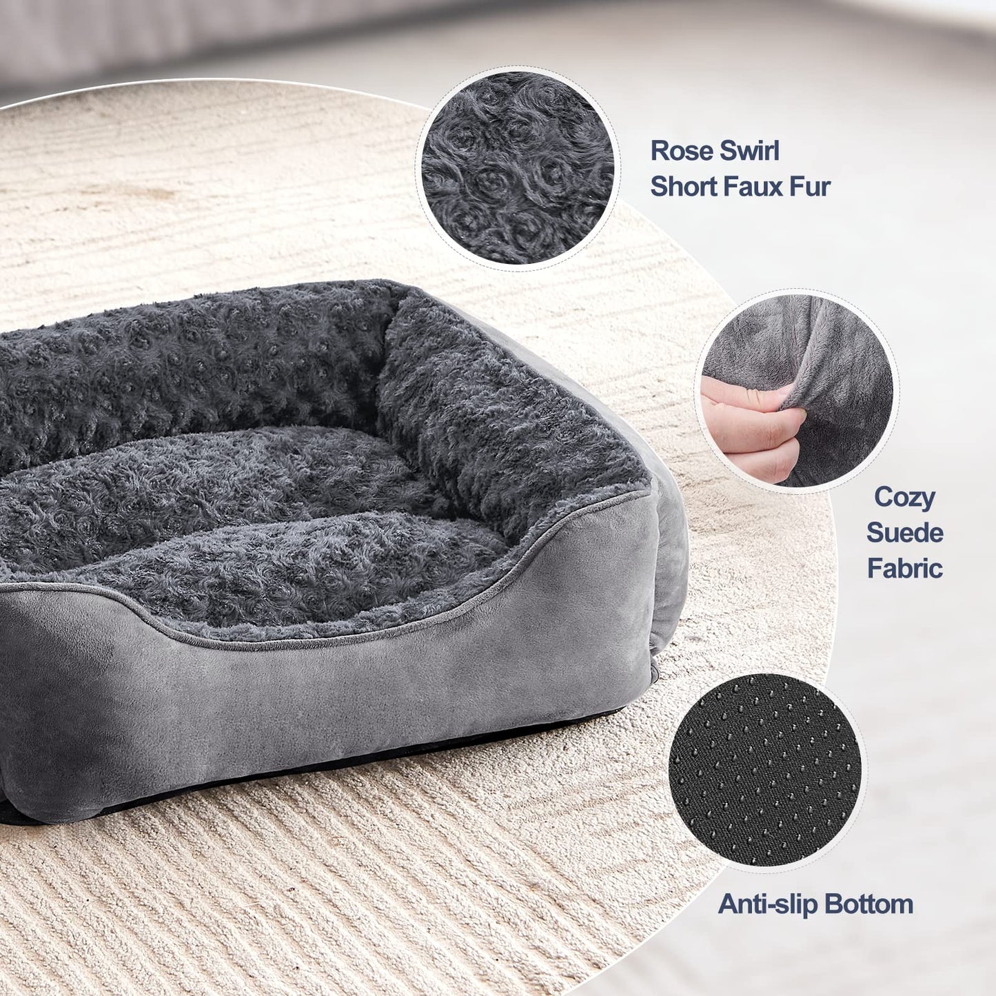 Gudreva Medium Dog Bed - Washable Plush, Non-Slip, Grey - Small, Medium, Large