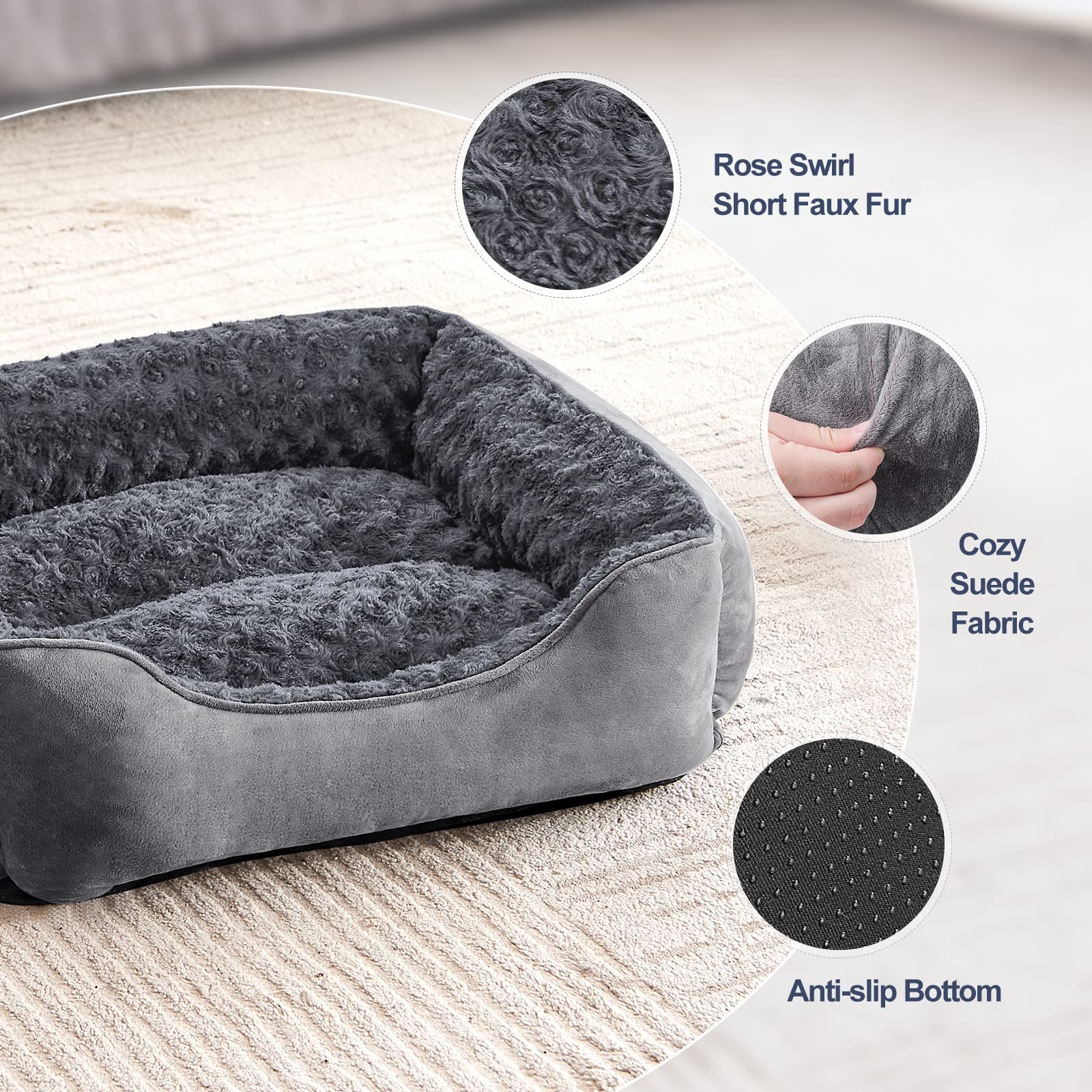Gudreva Medium Dog Bed - Washable Plush, Non-Slip, Grey - Small, Medium, Large
